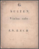 cca 1870 Bach, [Johann Sebastian]: Sechs Suiten für die Violine solo von - - . Als Vorstudien zu den grossen Violin-Sonaten dieses Meisters nach dessen Violoncell-Sonaten zum Gebrauch im Conservatorium der Musik zu Leipzig bearbeitet von Ferdinand David. Leipzig, é.n., Gustav Heinze, 42+(2) p. Kiadói papírkötés, kissé sérült borítóval, foltos.