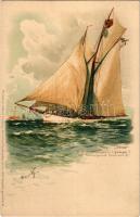 "Iduna" S.M. Schuneryacht (Yampa) am Stollergrund Feuerschiff / American ocean-going cruising schooner yacht, ultimately was purchased by Kaiser Wilhelm II of Germany as a birthday present for his wife. Meissner &amp; Buch Künstler-Postkarten Serie 1009. litho