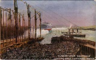 Cunard White Star Line RMS Aquitania leaving ways, entering water / British ocean liner, steamship (EK)