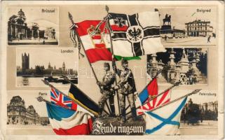1914 Feinde ringsum. Brüssel, Belgrad, London, Tokio, Paris, Petersburg / WWI German and Austro-Hungarian K.u.K. military, Viribus Unitis propaganda with soldiers, naval flags of the Kaiserliche Marine and the K.u.K. Kriegsmarine, montage with flags and capitols of the enemy (kis szakadás / small tear)