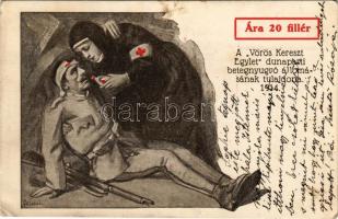 Vöröskeresztes propaganda lap katonával és nővérrel. A Vörös Kereszt Egylet dunaparti betegnyugvó állomásának tulajdona / WWI Red Cross propaganda, nurse with soldier s: Földes (ázott sarkak / wet corners)
