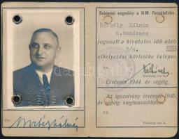1944 Belépési engedély a H.M. (Honvédelmi Minisztérium) főépületébe, Borbély Kálmán miniszteri tanácsos részére, fényképes