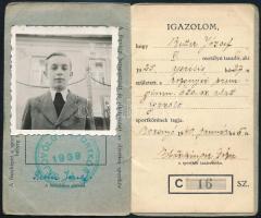 1940 Rozsnyó (Felvidék), Középfokú Iskolák Sportköreinek Országos Központja (KISOK) fényképes igazolvány