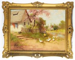 Neogrády László (1896-1962): Libapásztorlány. Olaj, vászon, jelezve balra lent. Dekoratív fakeretben. 60×80 cm / Oil on canvas, signed. Framed. 60x80 cm