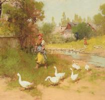 Neogrády László (1896-1962): Libapásztorlány. Olaj, vászon, jelezve balra lent. Dekoratív fakeretben...