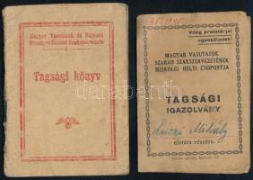 1945 Miskolc, Magyar Vasutasok és Hajósok Országos Szabad Szakszervezete tagsági könyv + Magyar Vasutasok Szabad Szakszervezetének miskolci helyi csoportja tagsági igazolvány, mindkettő bélyegekkel, kissé viseltes állapotban