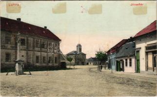 1916 Lippa, Lipova; József tér, tűzoltótorony, üzletek. Özv. Krivány Györgyné kiadása / square, firefighters' tower, shops (ragasztónyom / glue marks)