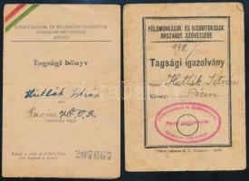 1947 Pácin, Újbirtokosok és Földhözjutottak Országos Szövetsége (UFOSZ) tagsági könyv + 1948 Földmunkások és Kisbirtokosok Országos Szövetsége tagsági igazolvány bélyegekkel, mindkettő Hutlák István névre