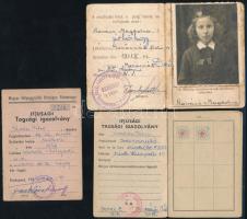 1943 Mezőcsát, fényképes tanulói igazolvány + cca 1950 Magyar Vöröskereszt Ifjúsági Tagozata tagsági igazolvány + 1953 Bp., MABÉOSZ ifjúsági tagsági igazolvány
