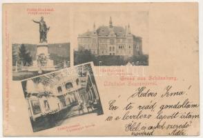 1900 Segesvár, Schässburg, Sighisoara; Petőfi szobor, Vármegyeháza, Vármegye terem, belső. Roth G. Hermann fényképész kiadása / Petőfi-Denkmal, Comitatshaus, Comitatssaal / statue, monument, county hall, interior (ragasztónyom / glue marks)