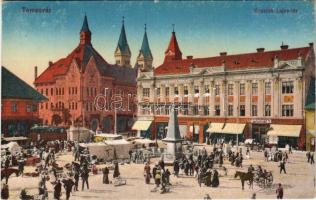 1918 Temesvár, Timisoara; Kossuth Lajos tér, piac, villamos, Weisz Sándor, Wilheim Fülöp, Goldmann G., Haring Gusztáv, Gaszner Ferenc üzlete, Dél-magyarországi Jelzálog Hitelbank. Vasúti levelezőlapárusítás 63. sz. 1916. / square, market, tram, shops, loan bank (EK)