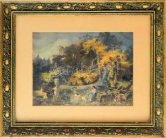 Kelety Gusztáv (1834-1902): Kecskepásztorlány. Akvarell, papír, jelezve jobbra lent. Hátoldali kartonon kézzel írt MNG 4557/1987 felirattal. 23x31 cm. Üvegezett, dekoratív, kissé sérült fakeretben.