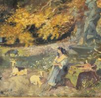 Kelety Gusztáv (1834-1902): Kecskepásztorlány. Akvarell, papír, jelezve jobbra lent. Hátoldali karto...