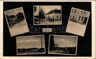 1942 Zabola, Zabala (Háromszék, Treiscaune); "Üdvözlet a visszatért Erdélyből" bevonulás után, Községháza, templom, Állami iskola. Száva Ernő kiadása / after the entry of the Hungarian troops, town hall, church, school (EB)