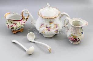 5 darabos szecessziós porcelán tétel, kanna, kiöntő, kanalak, közte sérüléssel, m:19 cm alatt