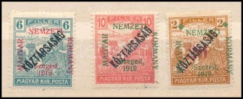 Szeged 1919 3 db Köztársaság/Arató bélyeg , Bodor vizsgálójellel (**16.200) (6f foghiba / perf. fault, 10f törés / folded, 2f falcos / hinged)