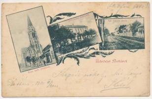 1901 Detta, Ghedu, Deta; Római katolikus templom, Bellavista szálloda, Szent István utca / church, hotel, street. Art Nouveau, floral (fl)