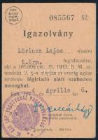 1944 M. kir. 107. vasútvonal parancsnokság igazolványa Lőrincz Lajos törzsőrmester részére: ,,az ország egész területén légiriadó alatt szabadon mozoghat", légoltalmi parancsnoki aláírással