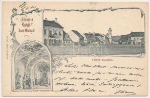 1902 Gyergyószentmiklós, Gheorgheni; Fő tér hajdan, Sáska Kajetán üzlete, részlet az örmény katolikus templom belsejéből, belső. Kricsa Péter kiadása / main square, shops, Armenian Catholic church interior. Art Nouveau, floral (EK)