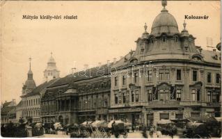 1906 Kolozsvár, Cluj; Mátyás király tér, piac, Jeney Lajos, Deutsch József, Frank Kiss János fiai üzlete, Csizhegyi S. fényképészeti terme, Magyar-Francia biztosító társaság, General, Triesti Általános biztosító társaság / square, market, shops, photographer's atelier, insurance company (EK)