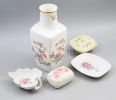 Hollóházi 5 darabos összeállítás, közte paradicsommadár mintás váza, m: 24,5 cm