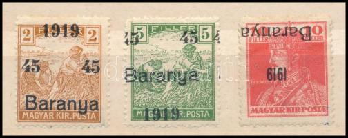 Baranya I. 1919 Arató 45/2f, 45/5f és Károly 10f fordított felülnyomással, Bodor vizsgálójellel