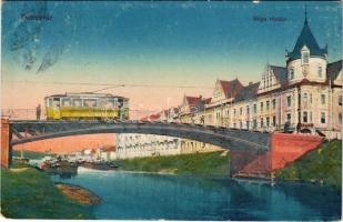 1918 Temesvár, Timisoara; Béga híd, villamos, Horgony kávéház. Vasúti levelezőlapárusítás 14. sz. 1916. / bridge, tram, café (felületi kopás / worn surface)