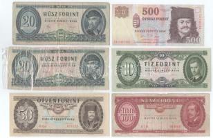 1965. 20Ft szakadt + 1975. 10Ft + 1980. 20Ft + 1986. 50Ft enyhén ferde nyomat + 1989. 100Ft + 2006. 500Ft "Az 1956-os forradalom 50. évfordulója" T:VF-Pr közte szép papír