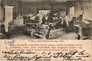 1909 Kolozsvár, Cluj; Triska J. javítóműhelyének egy része, zongora, pianino és cimbalom javítás, belső. Divald Károly fia kiadása (Eperjes) / musical instrument repair shop, pianoforte, dulcimer, interior (EB)