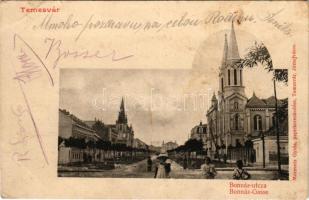 1903 Temesvár, Timisoara; Bonnáz utca, templom. Moravetz Gyula kiadása / street view, church (EB)