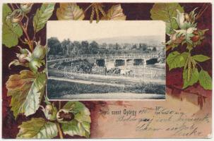1906 Sepsiszentgyörgy, Sfantu Gheorghe; Olt híd. Szecessziós litho keret / Olt river bridge. Art Nouveau, litho frame (EK)