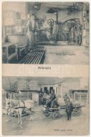 Mikelaka, Mikalaka, Micalaca (Arad); Böhm szikvízgyára belső, gyár udvara, szódás üvegeket szállító lovaskocsi / soda factory interior + "M. Kir. 40. Honvéd Nehéztarackos Osztály I. Üteg" (Rb)