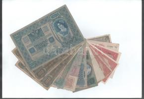 Vegyes, 13db-os Korona bankjegytétel, közte 1902. 1000K felülbélyegzés nélkül, 1918. 25K (ragasztott...