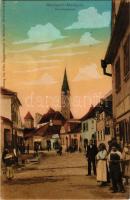 1909 Medgyes, Mediasch, Medias; Schmiedgasse / Kovács utca, üzletek. Fritz Guggenberger kiadása / street view, shops (EB)