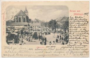 1900 Szászsebes, Mühlbach, Sebesul Sasesc, Sebes; Jahrmarkt / piac, vásár, templom. J. Hientz kiadása / market, church (lyuk / pinhole)