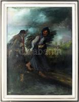 Palotás Mária (-): Mernekülés a vihar elől. Olaj, vászon. Jelezve balra lent. Hátoldalán zsűri címkével 1986-ból. Fakeretben. 80x60 cm.