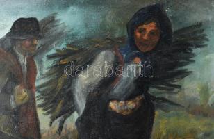 Palotás Mária (-): Mernekülés a vihar elől. Olaj, vászon. Jelezve balra lent. Hátoldalán zsűri címké...