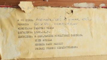 Palotás Mária (-): Mernekülés a vihar elől. Olaj, vászon. Jelezve balra lent. Hátoldalán zsűri címké...