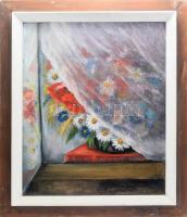 Palotás Mária (-): Virágos ablak. Olaj, vászon. Jelzett a hátoldalán. Fakeretben. 60x50 cm.