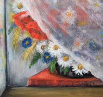 Palotás Mária (-): Virágos ablak. Olaj, vászon. Jelzett a hátoldalán. Fakeretben. 60x50 cm