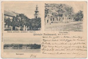 1904 Perjámos, Periam; iskola, plébánia templom, Vasút utca, Maros part. Gatter és Frischmann kiadása / school, church, street, Mures riverside (EB)