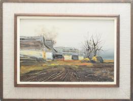 Wárkonyi Gyula (1947-): Menyecske a tanyán. Olaj, farost, jelzett, fakeretben, 24x35 cm