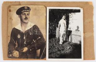 ca 1930 M. kir. Folyamőrség katonája, tőrrel, valamint sebesülten. 2 fotó kartonon 6x9 cm