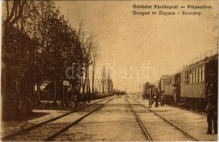 1916 Párdány, Meda; Pályaudvar, vasútállomás, gőzmozdony, vonat. W.L. 1064. / Kolodvor / railway station, locomotive, train (fl)