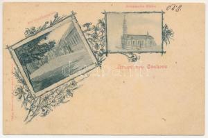 1900 Csák, Csákova, Ciacova; Alte Stadthausgasse, Romänische Kirche. Mesterovits &amp; Jovanovitz / Régi Városház utca, templom / street, church. Art Nouveau, floral (EK)