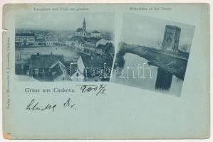 1900 Csák, Csákova, Ciacova; Hauptplatz vom Turm aus gesehen, Römerturm an der Temes / Fő tér, Nemzeti szálloda, üzletek, torony a Temes partján este holdfényben. Mesterovits és Joanovits kiadása / main square, hotel, shops, tower at night in moonlight (b)