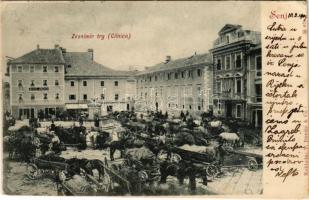 1904 Senj, Zengg; Zvonimir trg (Cilnica) / piac, Hotel Zagreb szálloda / market, hotel (gyűrődés / crease)