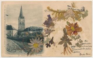 Nagysink, Gross-Schenk, Cincul Mare, Cincu; Ev. Kirche und Schule, Westseite. H. Zeidner No. 158. / evangélikus templom és iskola, préselt élővirágos képeslap / Lutheran church and school, dried real flowers postcard (EM)