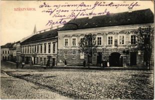 1912 Szászváros, Broos, Orastie; utcakép, Schuller üzlete. A képeslap címzettje Heller Ágost magyar fizikus felesége, bleybachi Bolberitz Georgina (1854-1920) / street view, shops (EK)