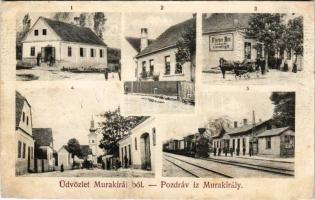 Murakirály, Murski Kraljevec, Donji Kraljevec; Fogyasztási Szövetkezet üzlete, Vasútállomás, gőzmozdony, Fő utca, templom, Fischer Benő vasúti vendéglője, étterem, hintó / cooperative shop, railway station, locomotive, main street, church, railway restaurant, carriage (r)
